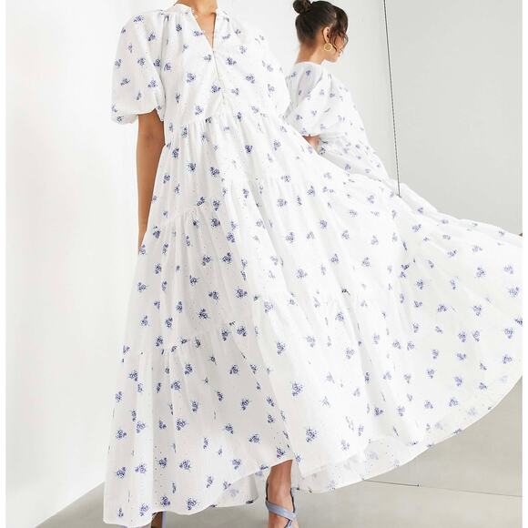 ASOS Dresses & Skirts - ASOS EDITION Puff Sleeve Midi Dress Ditsy Floral Embroidered White Blue Size 8